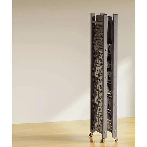Heavy Duty Five Tier Metal Storage Shelves With Rolling Wheels And Foldable Design, compact and space-saving, easily stored.
