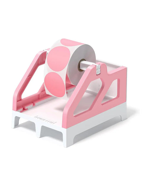 Heavy Hitter Universal Thermal Shipping Label Holder And Fan Fold Roll Organizer No Sweat Paper Dispenser Stand Pink with roll.