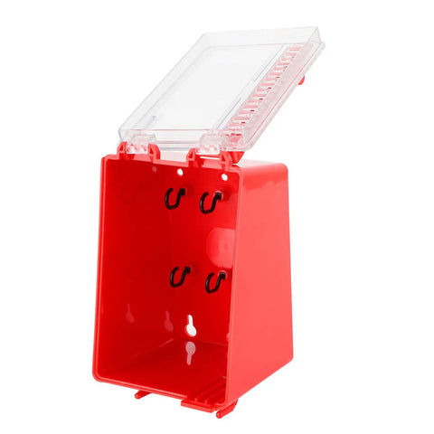 Tough As Nails Wall Mount Group Lockout Box featuring transparent viewing window, red ABS construction, and hooks for padlocks.