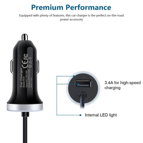 USB C Car Charger With 3.4A Fast Charge And 3ft Type C Cable labeled diagram showing ports.