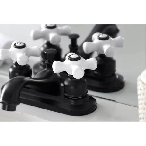 Restoration 4 Inch Centerset Lavatory Faucet With Porcelain Cross Handle In Polished Chrome on sink