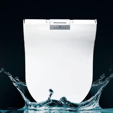 Smart Automatic Toilet Seat Cover Dispenser With Heated Roll Replacement For Modern Bathrooms Hygienic White Design, sleek white design, showing water splash.