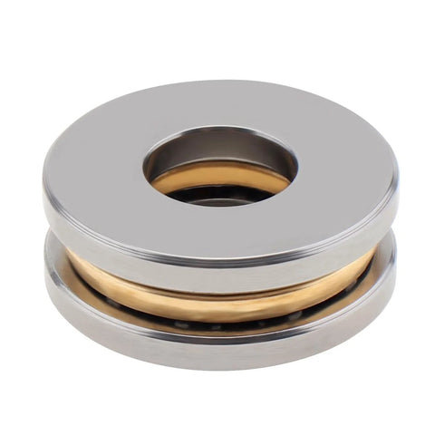 Close-up thrust ball bearing; 8 mm bore, 19 mm OD, 7 mm thick; silver outer race with gold inner race.
