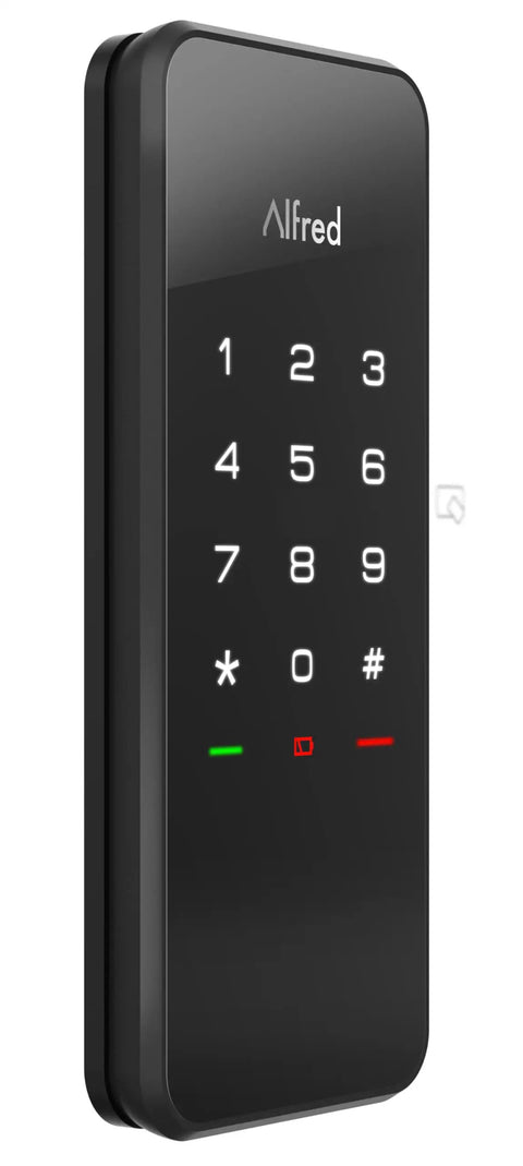 Touchscreen Smart Door Lock With Keypad And Bluetooth Motorized Deadbolt One Tap Entry Easy Setup Remote App Control See Who Entered And When 20 Unique Access Codes Black DB1 in black finish showing numeric keypad