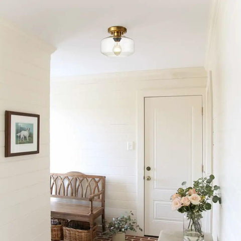 Modern Small Semi Flush Mount Ceiling Light With Glass Drum Shade Brass Gold Finish 1 Light Hallway Fixture ETL Listed