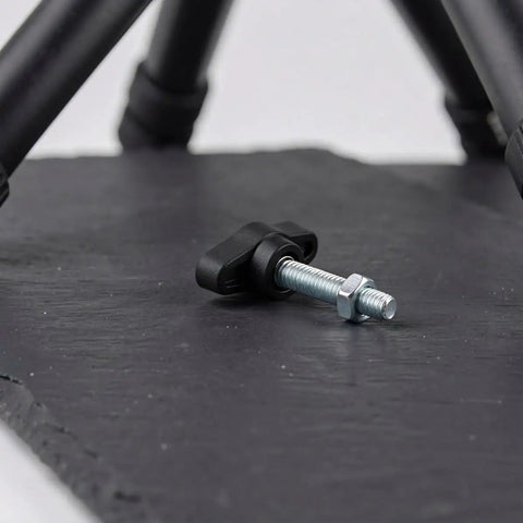 Dang Dependable M4 M5 M6 Tee Wing Bolt Knob Set for secure tripod mounts, black thumb screw on slate surface.