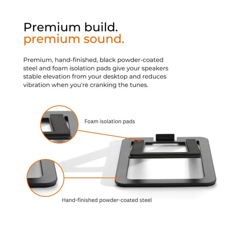 Close-up of Metal Desk Speaker Stands Pair For Desktop And Bookshelf Speakers With Fifteen Degree Tilt To Boost Soundstage