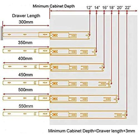 Heavy Duty 20 Inch Full Extension Drawer Slides Featuring Soft Close Ball Bearings Side Mount Cabinet Glides diagram showing sizes and cabinet depth requirements.