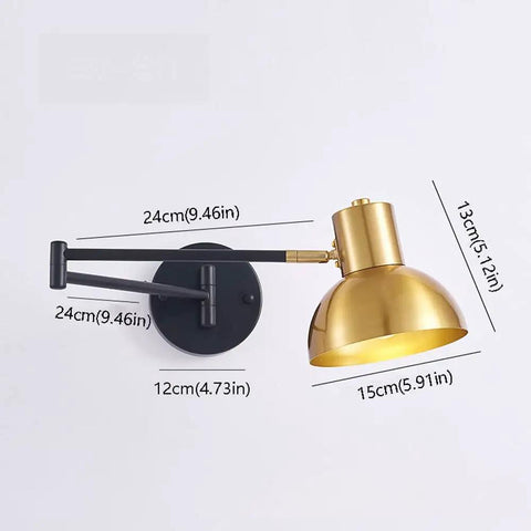 Badass Industrial Metal Swing Arm Wall Sconce With Rock Solid Adjustable Dome Shade And E27 Socket Hella Sturdy For Bedroom Reading Vibes And Slick Black Brass Finish Modern Wall Lamp dimensions displayed
