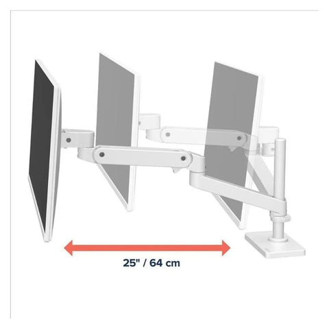 Rock Solid High Pole Desktop Monitor Stand With Heavy Gauge Aluminum Robotic Lifting Arm and Secure Vise Clamp, showing two monitors adjustable along a 25-inch reach.