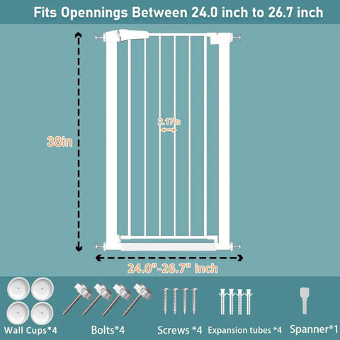 Diagram showing Extra Tall Baby Gate 38 Inch High For Stairs And Doorways Extra Wide 57 To 59 Inch Pressure Mounted Indoor Gate dimensions.