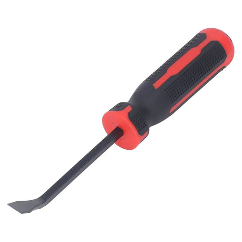Heavy Duty 8 Inch Pry Bar Set Featuring Curved Hook Head And Integrated Strike Hammer End With Chunky Plastic Grip For Demanding Auto Repair And Knuckle Busting Mechanical Tasks That Get Leverage Worked Easy. Black and red pry bar with ergonomic grip.
