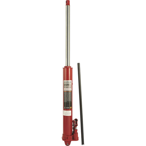 Heavy Duty 8 Ton Long Ram Hydraulic Floor Jack With Rapid Double Piston Pump, red steel construction, includes handle.