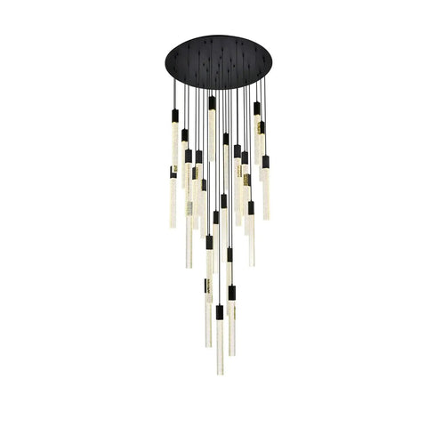 Super Sleek Modern Crystal Pendant Ceiling Light With Twenty Five Bulbs Polished Black Metal Trim Clean Design hanging from ceiling.