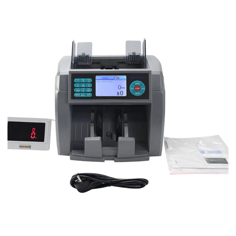 Slick Heavy Duty Money Counter Machine Featuring Automatic Mixed Denomination Processing And Straight Up Counterfeit Detection showing digital display and functions