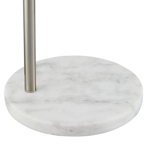 Marble base of Modern Arc Floor Lamp With Brushed Steel Arch And Silver Finish Hanging Drum Shade Over Sofa For Reading In Living Room