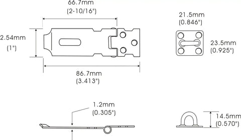 Heavy Duty Brass Plated Hasp And Staple With Built Tough Ribbed Steel Frame detailed dimensions illustration.