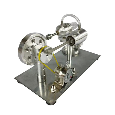 Mini Stirling Engine Science Toy For Hands On Learning Real Working Heat Engine With Cool Colorful LED Lights Generator And Educational Model For Physics Experiments STEM Gift Silver Finish, showing metal components and yellow belt.