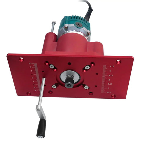 Hassle Free Router Lift System With 65 Mm Universal Table Insert Plate and Smooth Precision Height Adjustment built for rapid trimming tasks in bright red.