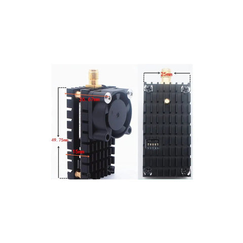 Beefed-Up 5.8 Gigahertz 2000mW FPV Transmitter with SMA Antenna and Heat Sink, side and back view for racing quadcopters.