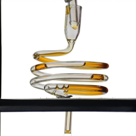 Premium Handmade Glass And Wooden Cold Brew Coffee Maker With Adjustable Copper Drip Valve showing intricate glass coil design.