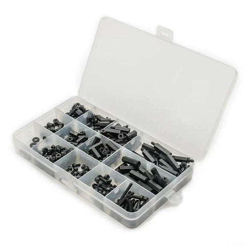 M3 Nylon Hex Spacer Standoff Kit With 320 Piece Hardware Set For PCB Motherboard Assembly Black Storage Box And Nylon Pillars Screws Nuts And Washers For Easy Solid Mounting, open box with black nylon spacers