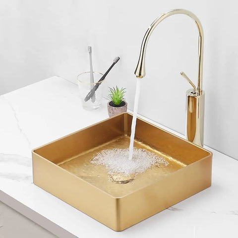 Square Stainless Steel Vessel Sink T304 Bathroom Wash Basin Counter Mount With Pop Up Drain Brushed Nano Finish in gold with water flowing
