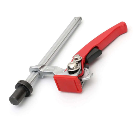 Adjustable Ratchet Workbench Clamp, steel alloy, red grip, 19mm board holder, woodworking quick acting desktop tool