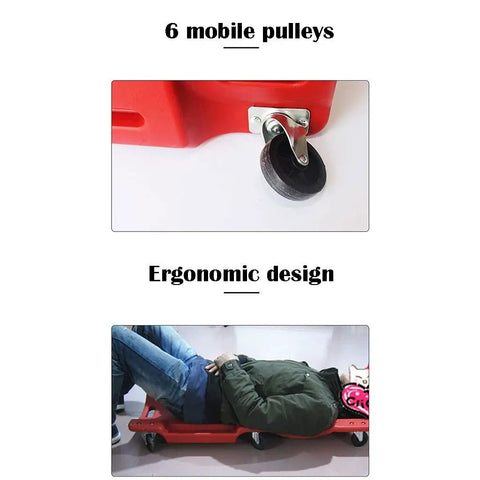 Built Different Mechanic Rolling Creeper With Ergonomic Padded Headrest and Smooth Gliding Universal Casters shown with 6 mobile pulleys and user.