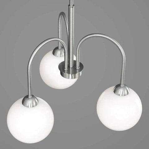 Top view of Carisa Three Light Chandelier In Brushed Nickel Finish With Glossy White Glass Globes For Modern Living And Dining Rooms Mid Century Revival Style For Home Decor