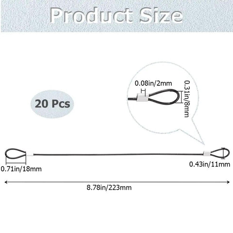20 Pack 9 Inch Stainless Steel Wire Rope Lanyards With Rubber Coated Braided Cable Locks 5mm Thick Tether Safety Straps size diagram