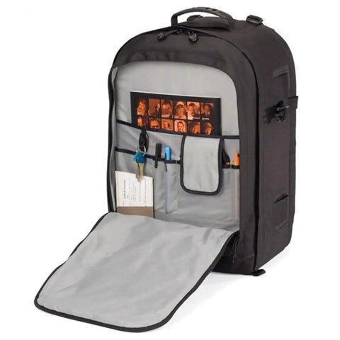 Urban Style Dope 17 Inch DSLR Laptop Backpack with front view showing interior pockets and compartments for cameras and gear.