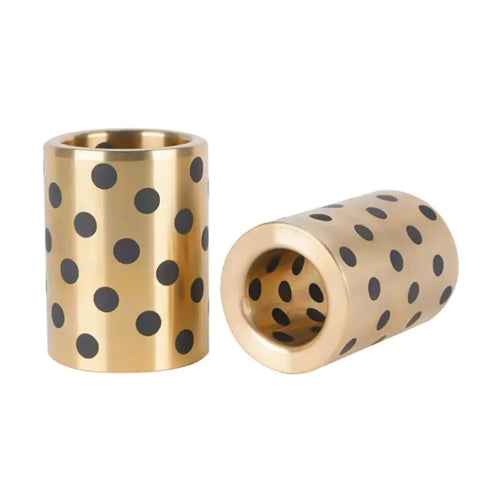 Built Tough Brass Graphite Flange Bearing Sleeve Bushing For Rock Solid Support And Slick Low Friction Movement Plus No Fuss Self Lubricating Copper Alloy Core Measuring 63 Millimeter Bore And 75 Millimeter Outer Diameter - gold with black dots.