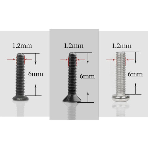 Three precision 1.2mm micro screws, showcasing sizes and materials for Straight Up Perfect Mini Screw Kit With 48 Metric Micro Screws In Slick Compact Case.