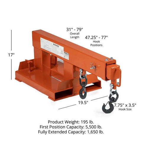 Built Tough Fork Mounted Telescoping Jib Boom Crane With 5500 LB Lifting Power And Sweet 31 To 79 Inch Reach, orange crane dimensions shown.