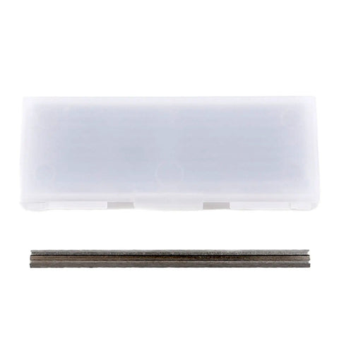 Heavy Duty Jointer Knives And Planer Blades, HSS Double Edged Cutters in a clear case with two blades visible.