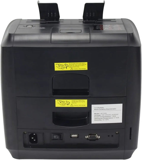 Back view of Heavy Duty Dual Pocket Money Counter Machine And Certified Fake Bill Detector showcasing input slots and power connections.