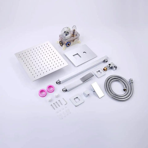 Wall Mounted Rainfall Shower System With 10 Inch Rain Shower Head And Handheld Kit Chrome Finish Rough In Valve And Trim Included No Fuss Install Modern Bath Upgrade components laid out