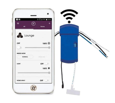 FanSync Smart WiFi Receiver For Levon Custom Ceiling Fan Blue, Plug And Play With TR205D Or TW206D Control next to smartphone display