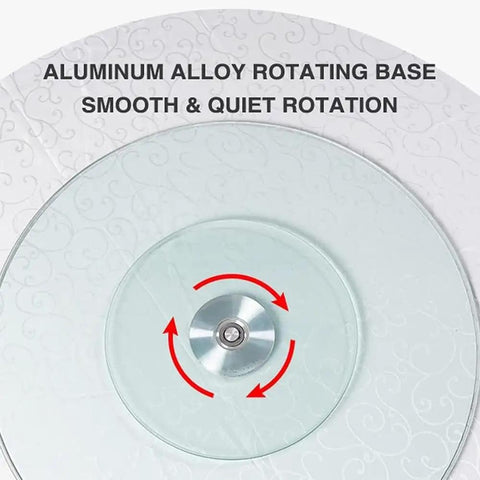 Close-up of Bombproof Tempered Glass Lazy Susan Turntable with aluminum alloy rotating base for smooth, quiet rotation