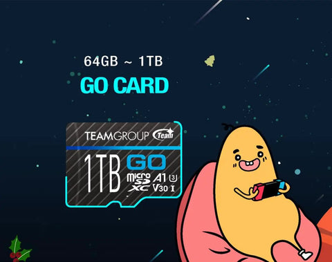 Cartoon figure beside 1TB MicroSD memory card with A1 U3 V30 print on dark background.