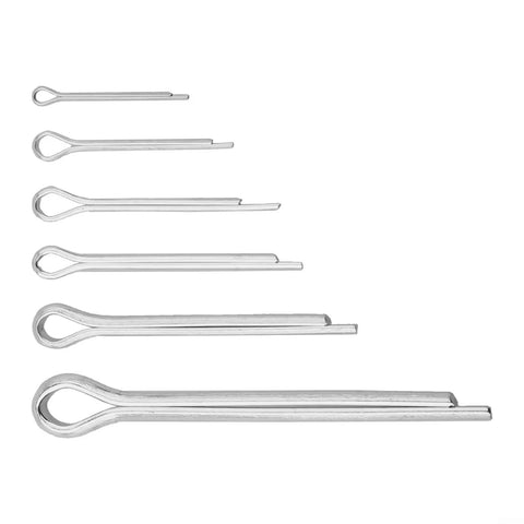 Rock Solid Stainless Steel Cotter Pin And Hair Pin Kit 230 Piece Assortment with six size options in a row.