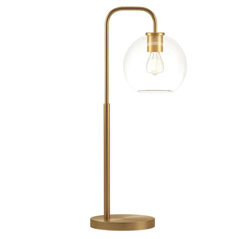Lit 27 Inch Tall Arc Table Lamp With Clear Glass Globe Shade And Brass Accents Handcrafted Steel Base modern design