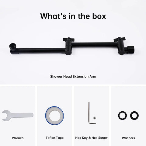 13 Inch Shower Head Extension Arm With Solid Brass Construction, Adjustable Height And Angle Extender For Raising Or Lowering Rainfall Shower Head, Fixed Head Matte Black; includes wrench, tape, screws, washers.