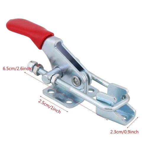Four Piece Heavy Duty Toggle Clamps Set With Quick Acting Release Latch And No Fuss Adjustable Base Designed For Toolboxes And Woodworking Jigs Built Like A Brick For Reliable Daily Garage Tasks - close-up of toggle clamp with red handle.