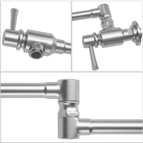 Close-up of Pro Grade Stainless Steel Pot Filler Faucet For Wall Mount Kitchen Sink joints and handles in 304 stainless steel.