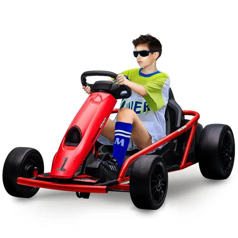 Child driving red 12V Kid Friendly Go-Kart With Dual 300W Brushless Motors, Drift-Ready Electric Kart That Hits 8 MPH
