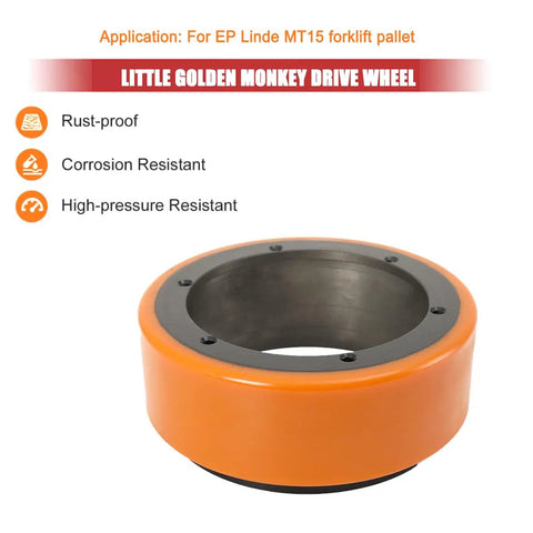 Get Your Electric Pallet Truck Rolling Smooth Again With This Heavy Duty 210X70mm PU Drive Wheel Featuring A Tough 6-Hole Mount For Maximum Traction And Durability On All Forklift Models, showing a heavy-duty orange drive wheel.