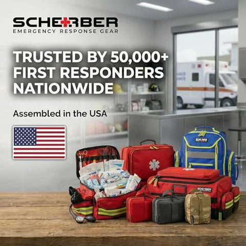 Scherber First Responder trauma kit: red reflective bag with 8 zip pockets and 200+ first aid supplies