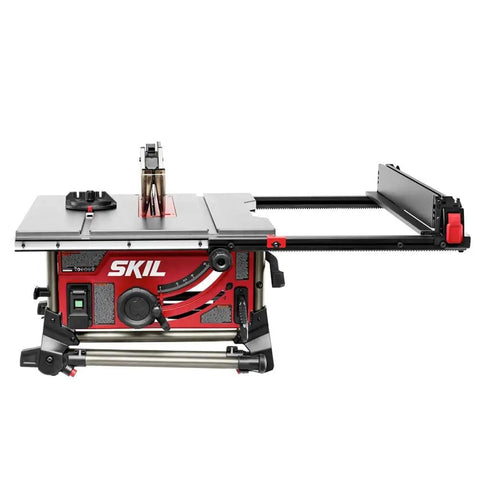 Solid 15 Amp 10 Inch Table Saw Featuring Kickass Precision Cuts And Rack And Pinion Fence Rails For Dead On Accuracy Plus Foldaway Legs.